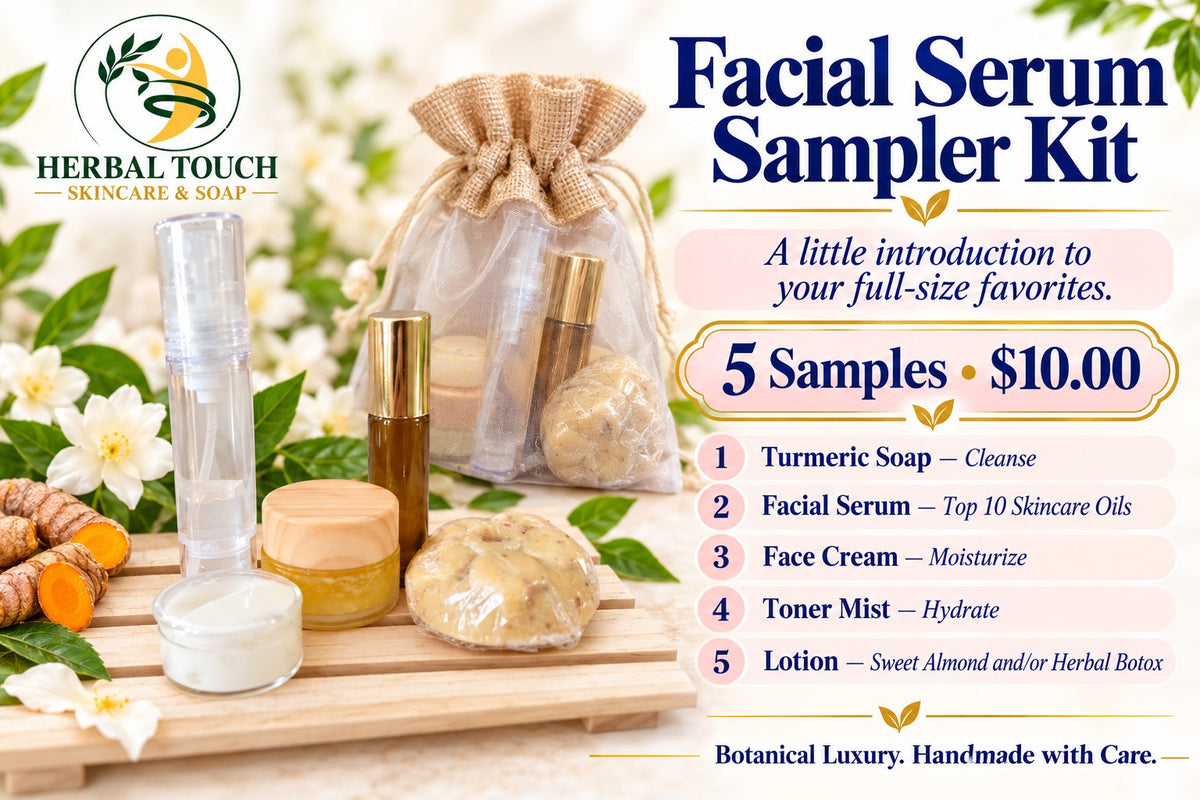 Sampler's Kit- Facial Oils, Turmeric Soap, Toner Mist, Almond Lotion, Whipped Turmeric Face Cream